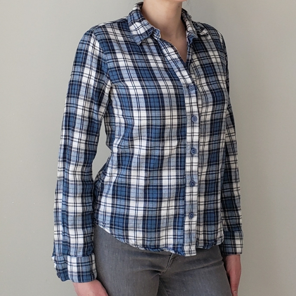 BDG Urban Outfitters Blue White Plaid Flannel Button Down Top S Long Sleeves
